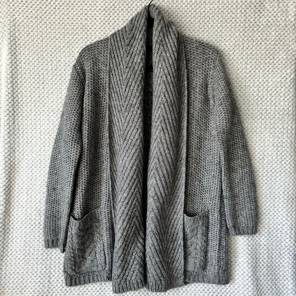 Guess Sweater Women M Gray Chunky Knit Wool Open Front Cardigan Side Pocket - Picture 1 of 11